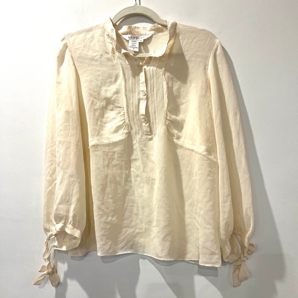 Studio M by Max Studio 100% silk chiffon sheer tie wrist blouse ivory large